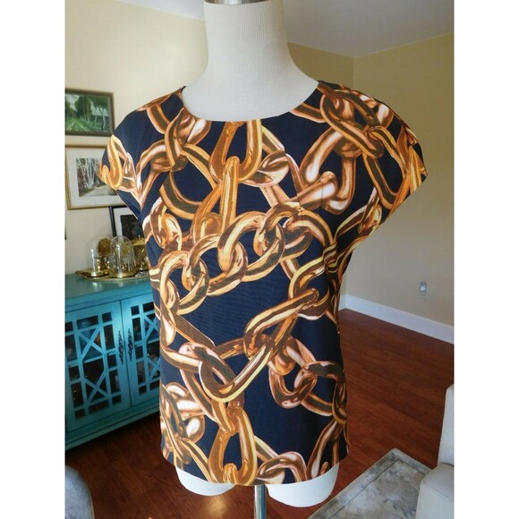 Gorgeous TRINA TURK "Carola Blouse" Chain Print Cap Sleeve Crew Neck Blouse P - Picture 4 of 10